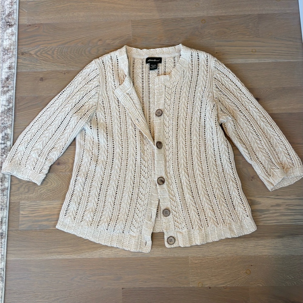 Eddie Bauer Cream Crochet Cable Knit Cardigan